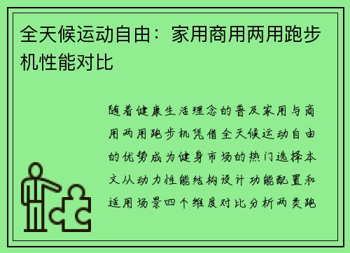 全天候运动自由：家用商用两用跑步机性能对比