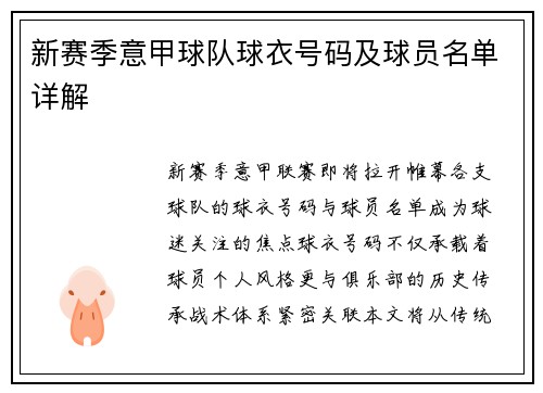 新赛季意甲球队球衣号码及球员名单详解