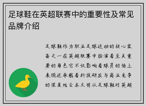 足球鞋在英超联赛中的重要性及常见品牌介绍